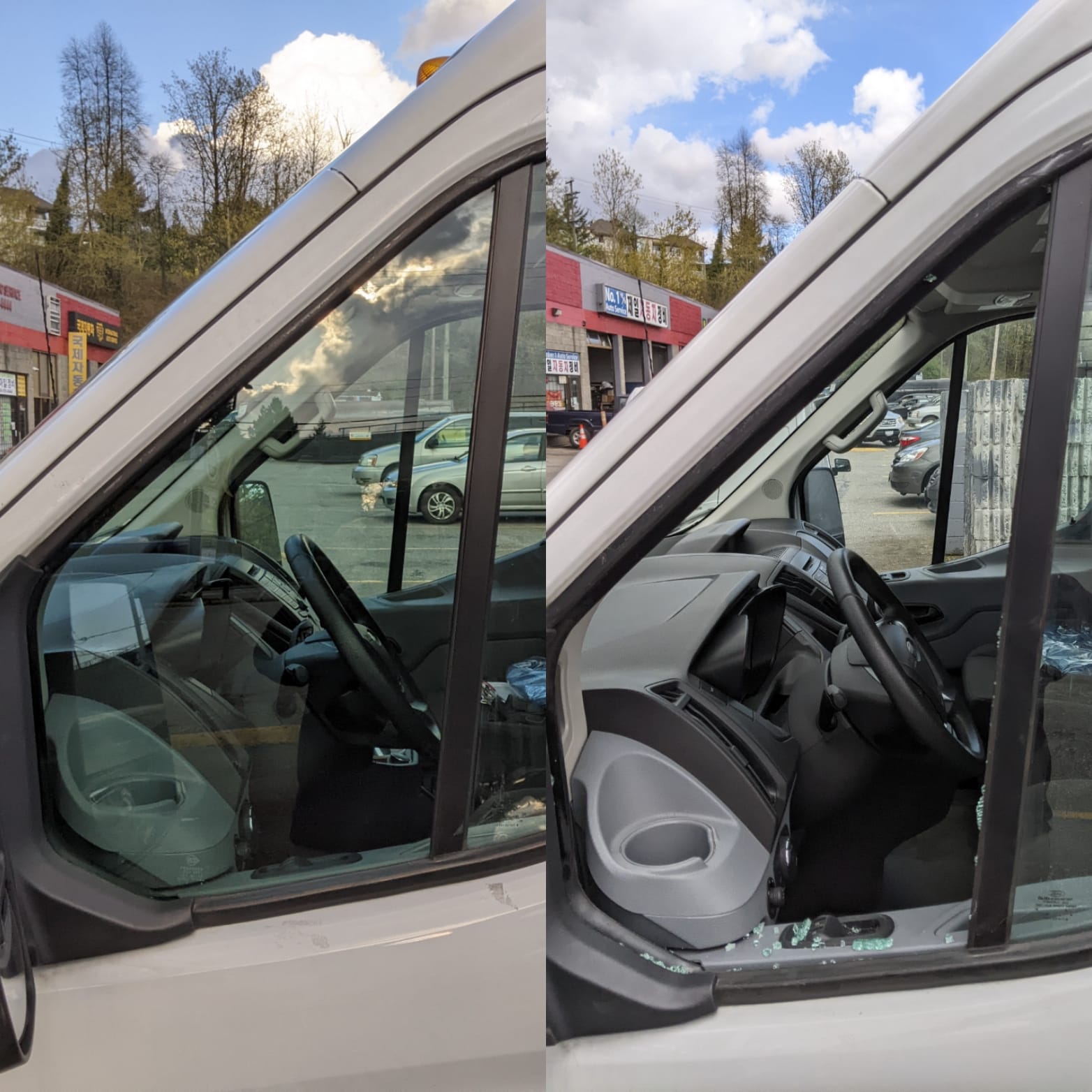 Vehicle quarter glass before and after replacement